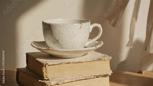 Aged cup on stack of vintage books, softly lit with dappled shadows