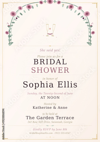 An exquisite, print-ready bridal shower invitation template featuring a lush peony and sage botanical arch, illustrated champagne flutes tied with a mauve ribbon bow, anemone blossoms, and scattered