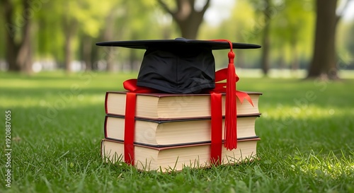 Graduation mortarboard with tassel on books tied in a red ribbon sitting in a peaceful outdoor park setting.