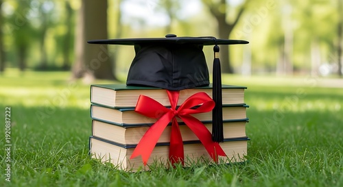 Professional graduation cap placed atop a pile of books with a red silk bow in a nature setting.