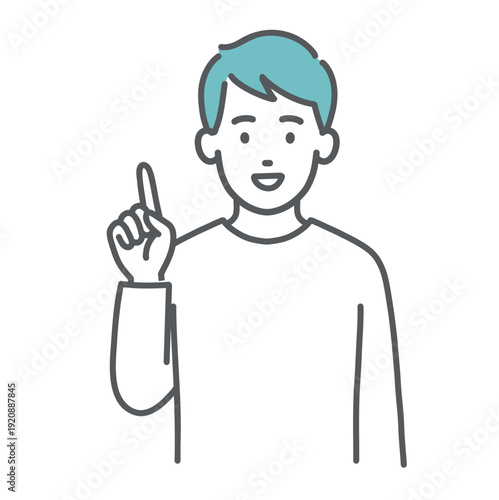 指差し・ポイントを解説する若い男性のイラスト（ひらめき・上半身）