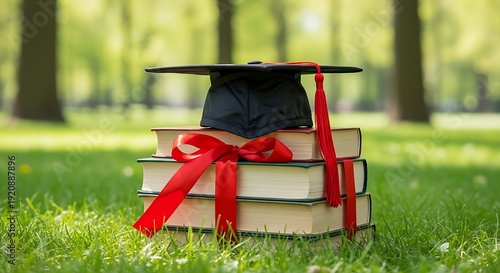 Academic graduation cap and books tied with a red ribbon displayed outdoors on grass for a student celebration.