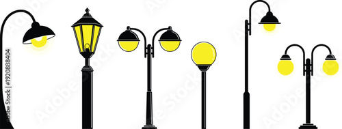Outdoor Street and Park Lamp Post Icon Set with Vintage and Modern Black Lantern Designs for Urban Planning, Garden Landscape Architecture, and City Night Scene Illustrations
