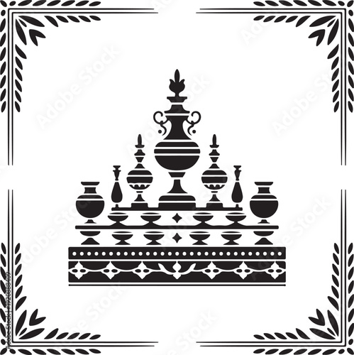 Ornate antique trophy stand silhouette within decorative leaf frame border for luxury awards theme