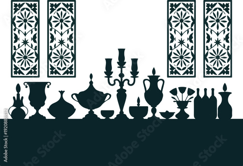 Elegant table setting silhouette with candelabra glass bottles and floral wall panels decoration