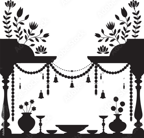 Islamic garlands, flowers, and pottery, set for festive celebration of Eid al-Fitr or Ramadan Kareem