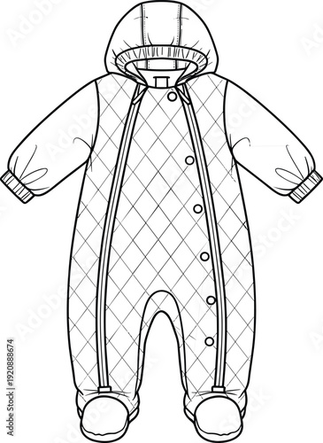 Baby hooded quilted puffer jumpsuit technical flat sketch, infant winter romper bodysuit template, children outerwear fashion CAD illustration, apparel design.