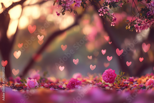 Pink Hearts Floating Above Colorful Flowers in Blooming Garden