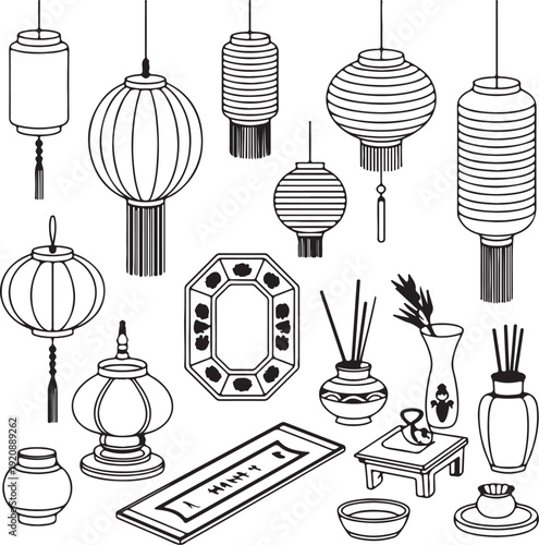 Collection of various asian elements including lanterns vases and incense holders