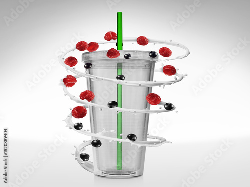 Transparent plastic cup with straw surrounded by milk splash and floating berries, isolated on white background. Creative beverage mockup concept for smoothies, milkshakes, healthy drinks, and packagi