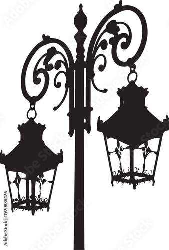 Classic street lamp silhouette with dual ornate lanterns and decorative scrolled ironwork details