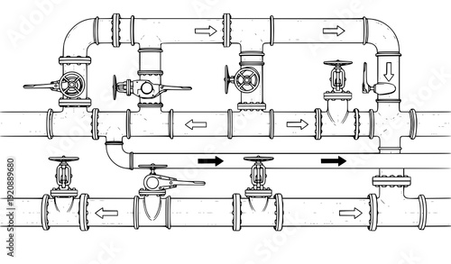 Industrial pipeline network with open and closed valves vector