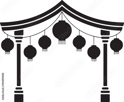 Chinese gate with hanging lanterns black silhouette on transparent background