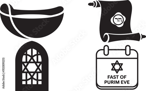 Purim eve fast symbols, scroll of torah, calendar, shofar, synagogue window, religious observance icons