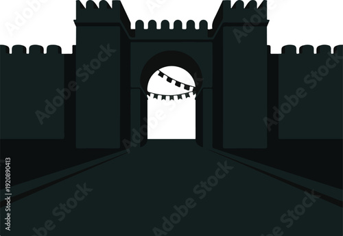 Ancient fortress gate silhouette with decorative flags and stone walls for historical city scenery