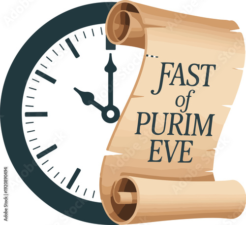 Clock and paper scroll concept for fast of purim eve religious event showing traditional time passage
