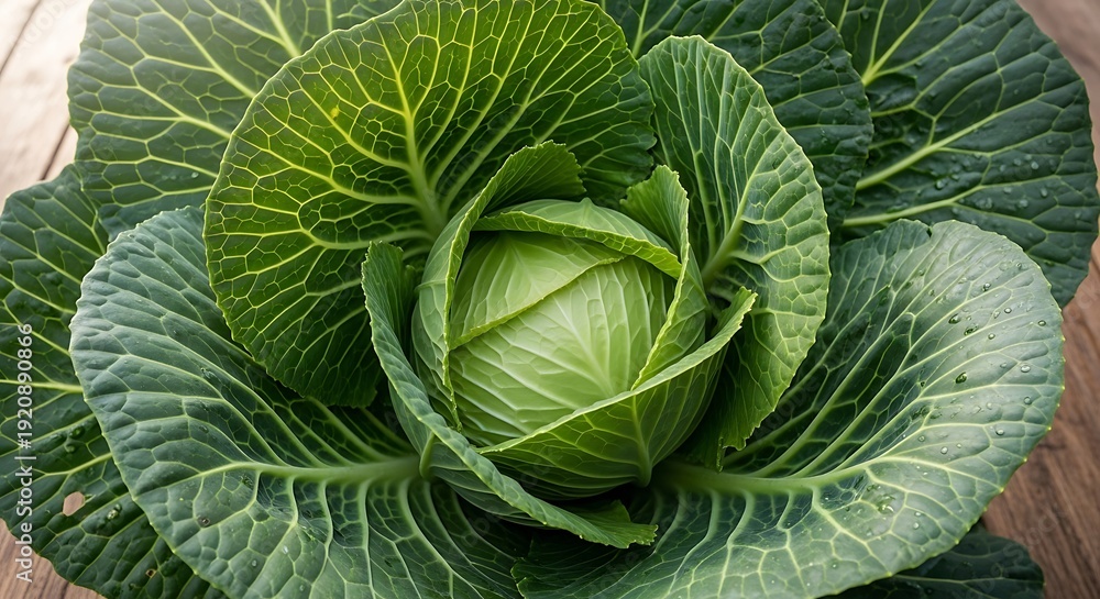 Obraz premium Fresh green cabbage with large leaves on wooden surface