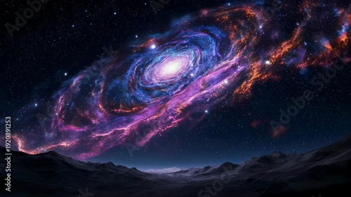 Expansive galaxy glows vibrantly above dark, rocky terrain under a starry sky