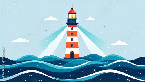 Modern Lighthouse Emblem with Radiant Light Beams and Stylized Ocean Waves on Dark Background