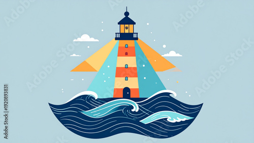 Modern Lighthouse Emblem with Radiant Light Beams and Stylized Ocean Waves on Dark Background