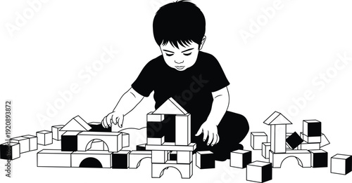 Black and white vector illustration of a young boy sitting on floor playing with wooden building blocks for early childhood development