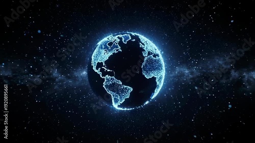 Digital planet Earth composed of blue particles, glowing in the vastness of space