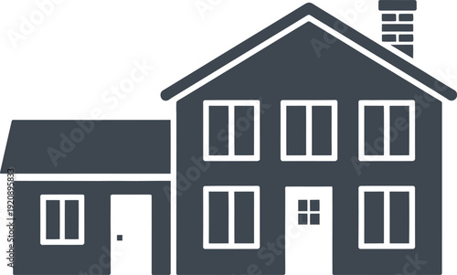 minimal monochrome house icon with two‑story structure, pitched roof, chimney and attached single‑story extension