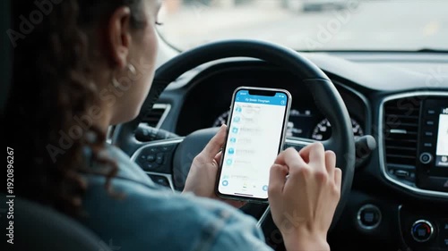 Woman Using Smartphone While Driving Car.