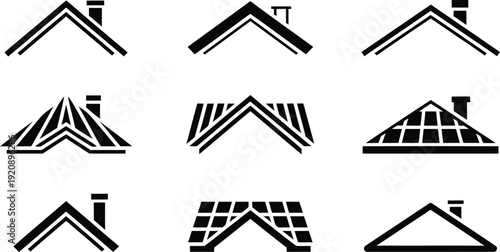 set of nine minimal rooftop icons showing varied roof styles, chimneys and architectural designs in black line art