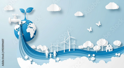 Vibrant paper cut illustration symbolizing global water conservation, renewable energy with wind turbines, and a family protecting a sustainable Earth for future generations