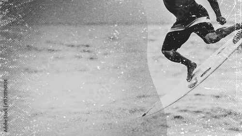 Canvas Print Black and white photo of professional surfer with grunge texture