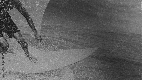 Black and white photo of professional surfer with grunge texture. A Man Surfing a Wave Background.