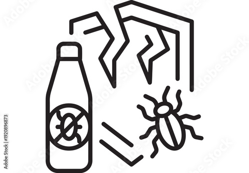 Bottle with bug repellent icon and bug outline vector graphic featuring insecticide, pesticide, insect with pest control and line art elements for black and white, simple design projects, clean