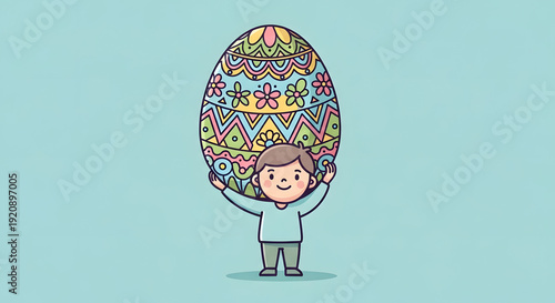 Boy holding a large, colorful decorated Easter egg