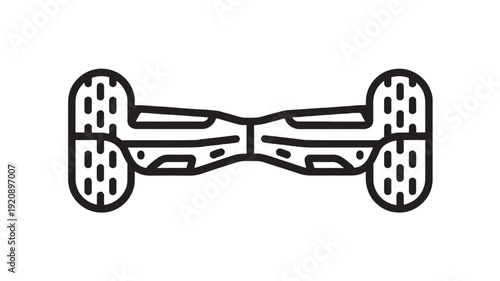 Hoverboard self-balancing scooter icon in black line style, two-wheel electric board silhouette, minimal outline pictogram isolated on white for app UI and web design