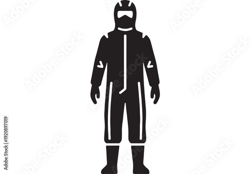 Hazmat suit icon with full body protective coverall, respirator mask and boots, black silhouette safety symbol for chemical biohazard work and contamination prevention