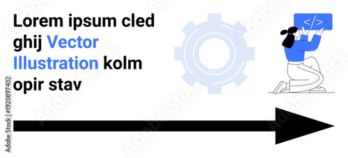 Technology development, coding tutorials, progress tracking, software engineering, innovation, and direction. A developer coding near a gear symbol with a large directional arrow. Coding