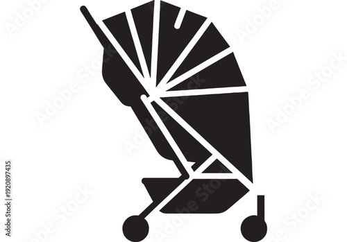 Stroller baby pram silhouette icon with folded canopy and wheels, minimalist black pictogram for parenting, childcare, family shopping, transport and travel signage