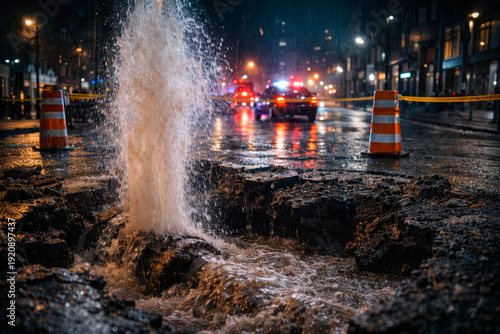 Urban water main burst at night, emergency road repair with flooding street and police lights, city infrastructure failure
