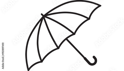 Umbrella outline icon with curved handle and open canopy, minimalist black line doodle illustration isolated on white background for weather, rain protection, logo design