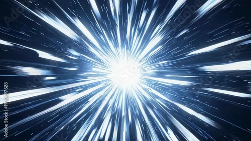 Bright light streaks emanate from a central point, creating a tunnel effect against a dark background