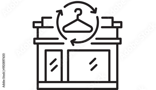 Wardrobe clothing exchange icon with hanger and circular arrows, minimal line design for closet organization, laundry service, apparel rotation and retail return concept