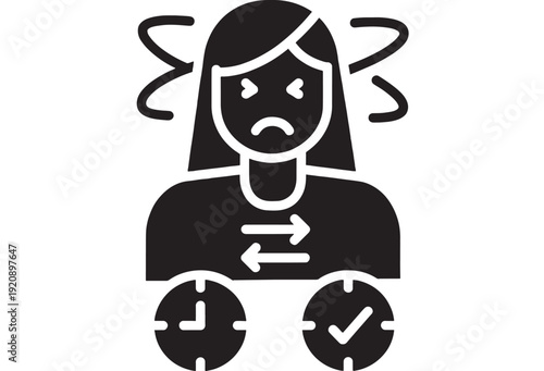 Employee turnover icon with stressed worker, exchange arrows and clock check symbols, depicting staff replacement, HR retention issues, workflow change and deadline pressure