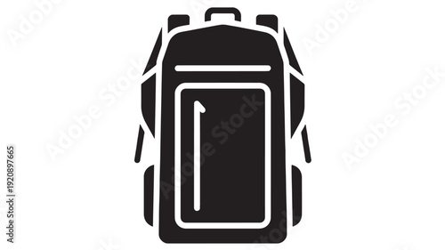 Backpack travel hiking icon with minimalist black silhouette, front pocket and straps, simple flat pictogram for luggage, school bag, camping gear and outdoor app UI