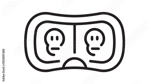 Snorkel mask icon with two stylized faces in lenses, minimal black outline line art symbol for diving, underwater sports, travel, and marine safety signage