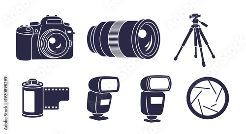 Photography Equipment Flat Icons Set: Camera, Lens, Tripod, Film, Flash, Aperture Vector