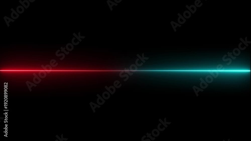 Split Horizontal Neon Line Red and Cyan on animated Black Background light, Glowing horizontal red and cyan neon lines streaming across on the screen animation on dark black background.