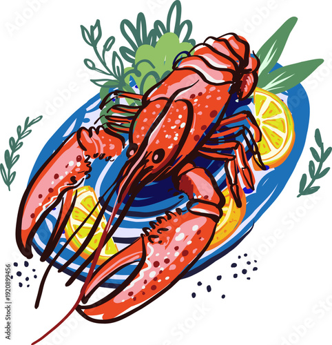 Fresh lobster with lemon on plate seafood illustration vector