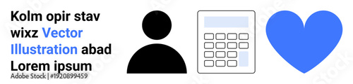 Business, communication, education, technology, calculation, affection. A person icon, a calculator and a blue heart. Business and education with simplicity and clarity