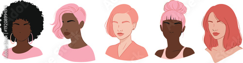 Diverse Female Portraits Cartoon Vector Set with Modern Hairstyles and Inclusive Beauty Characters
